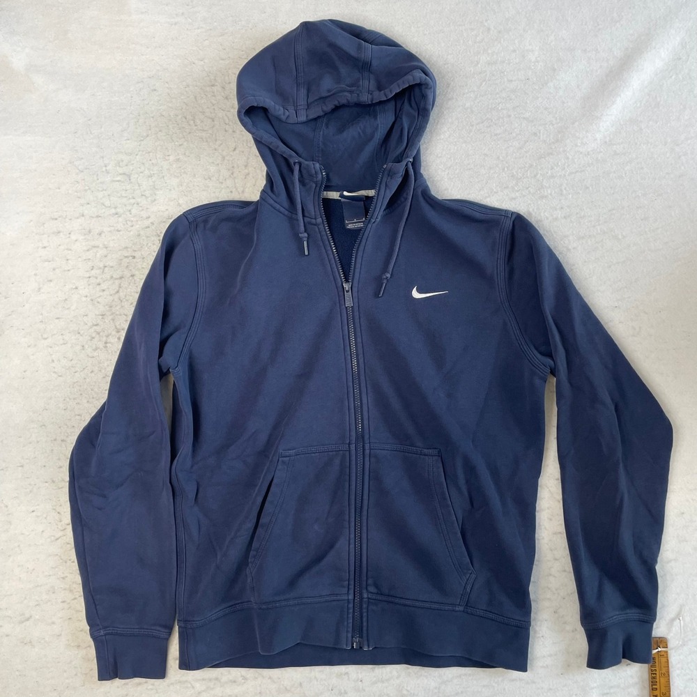 Nike Full Zip Hoodie Mens Large Navy Blue Embroidered Swoosh Fleece Lined